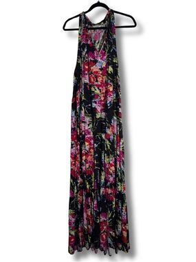 Women’s Umgee Sleeveless Tiered Multicolor Black Floral Print Maxi Dress L